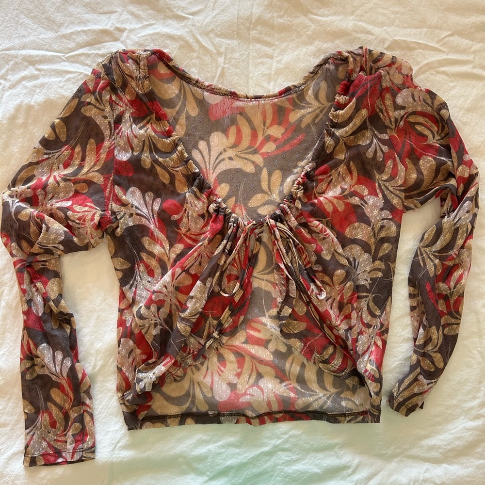 Y2K Floral Sheer Mesh Long Sleeve Crop Top - Red, Brown, Cream